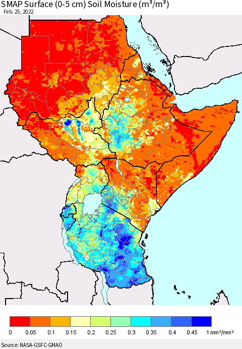 Eastern Africa SMAP Surface (0-5 cm) Soil Moisture (m³/m³) Thematic Map For 2/21/2022 - 2/25/2022