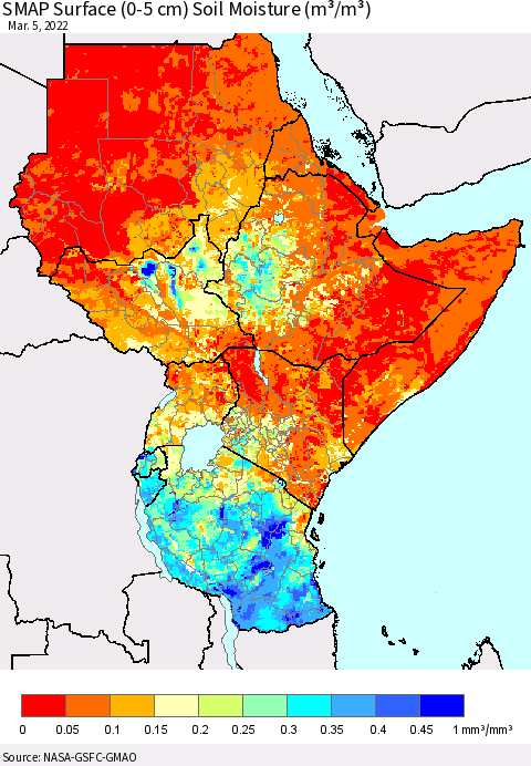Eastern Africa SMAP Surface (0-5 cm) Soil Moisture (m³/m³) Thematic Map For 3/1/2022 - 3/5/2022