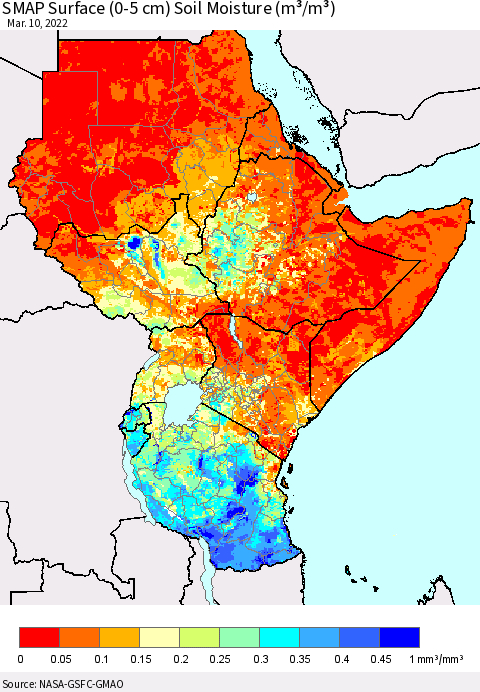 Eastern Africa SMAP Surface (0-5 cm) Soil Moisture (m³/m³) Thematic Map For 3/6/2022 - 3/10/2022