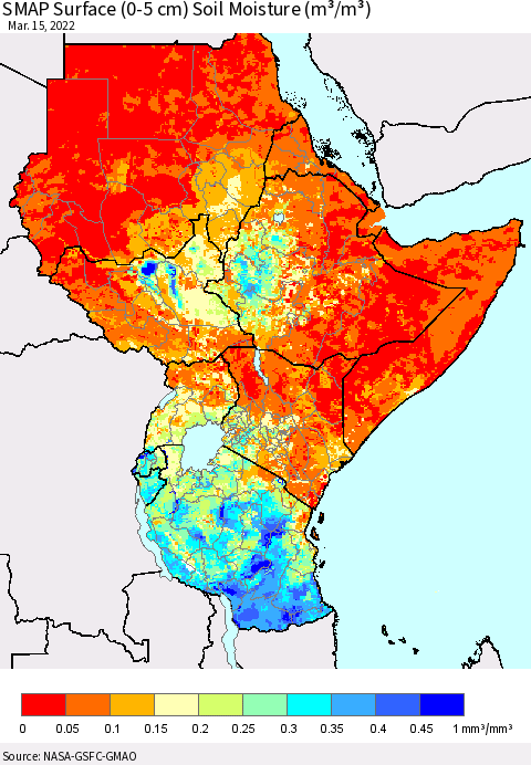 Eastern Africa SMAP Surface (0-5 cm) Soil Moisture (m³/m³) Thematic Map For 3/11/2022 - 3/15/2022