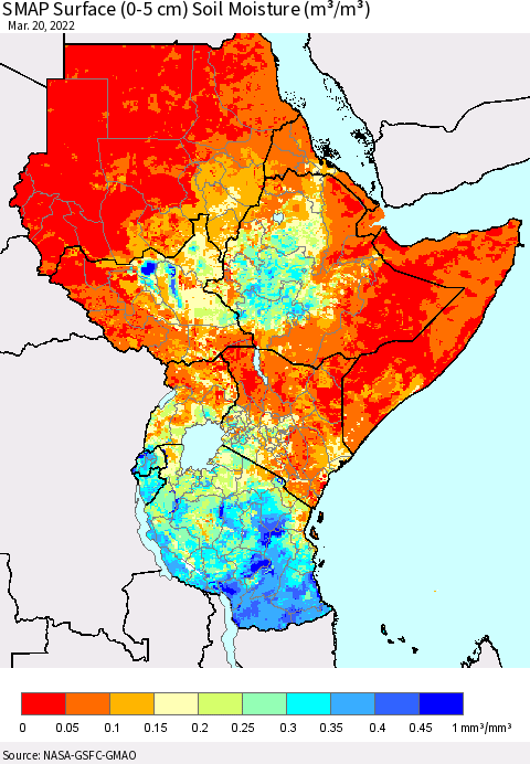 Eastern Africa SMAP Surface (0-5 cm) Soil Moisture (m³/m³) Thematic Map For 3/16/2022 - 3/20/2022