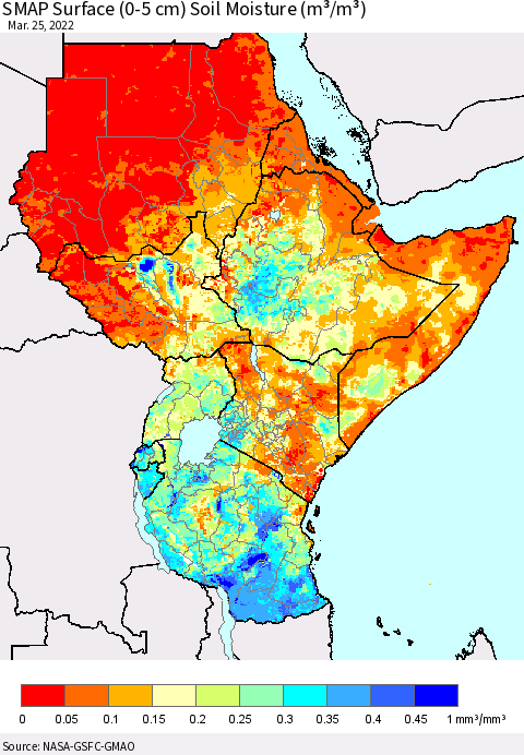Eastern Africa SMAP Surface (0-5 cm) Soil Moisture (m³/m³) Thematic Map For 3/21/2022 - 3/25/2022