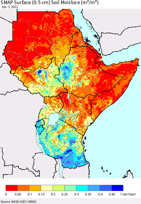 Eastern Africa SMAP Surface (0-5 cm) Soil Moisture (m³/m³) Thematic Map For 4/1/2022 - 4/5/2022