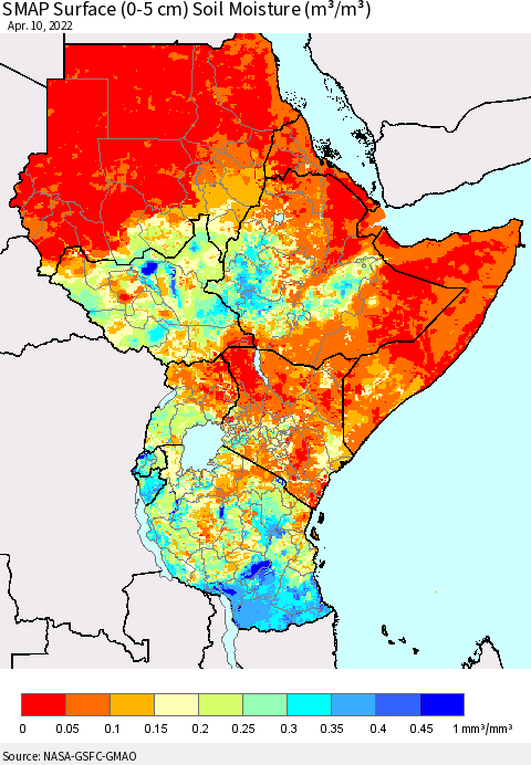 Eastern Africa SMAP Surface (0-5 cm) Soil Moisture (m³/m³) Thematic Map For 4/6/2022 - 4/10/2022