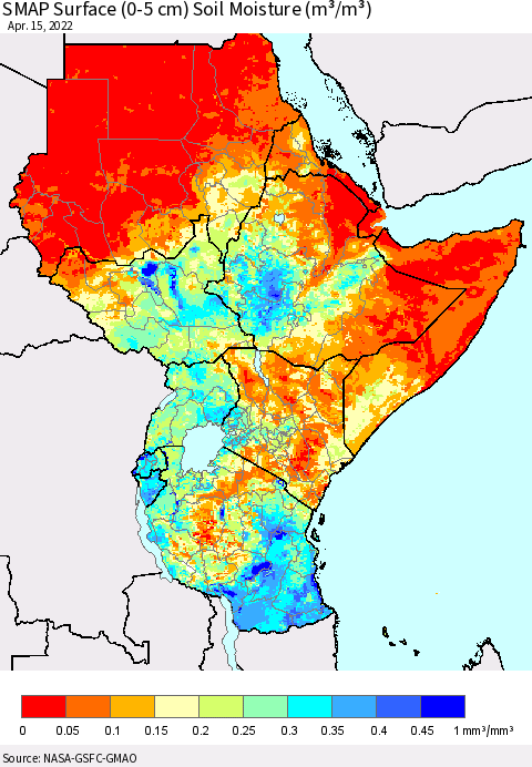Eastern Africa SMAP Surface (0-5 cm) Soil Moisture (m³/m³) Thematic Map For 4/11/2022 - 4/15/2022