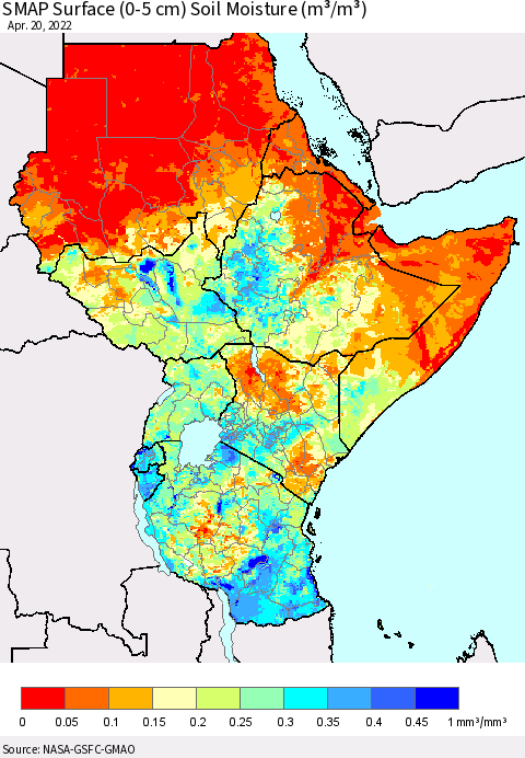 Eastern Africa SMAP Surface (0-5 cm) Soil Moisture (m³/m³) Thematic Map For 4/16/2022 - 4/20/2022