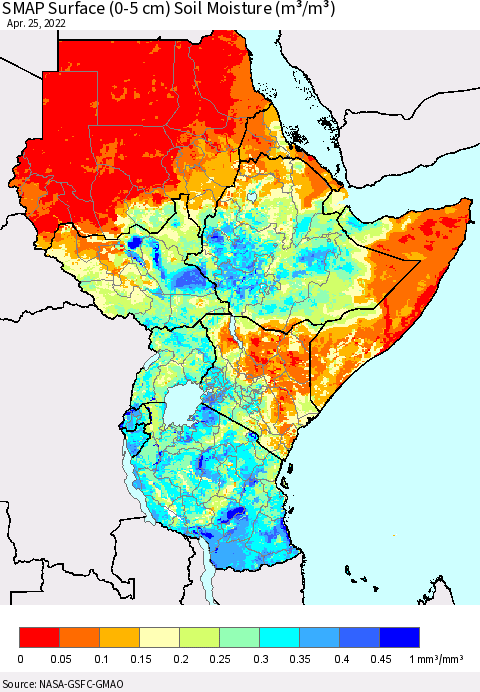 Eastern Africa SMAP Surface (0-5 cm) Soil Moisture (m³/m³) Thematic Map For 4/21/2022 - 4/25/2022