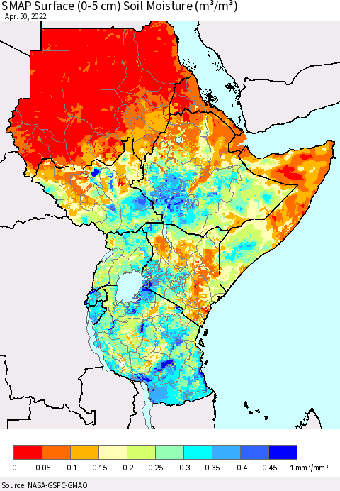 Eastern Africa SMAP Surface (0-5 cm) Soil Moisture (m³/m³) Thematic Map For 4/26/2022 - 4/30/2022