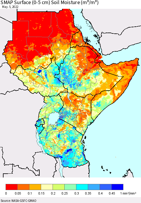 Eastern Africa SMAP Surface (0-5 cm) Soil Moisture (m³/m³) Thematic Map For 5/1/2022 - 5/5/2022