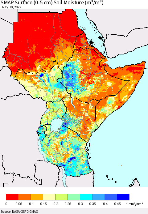 Eastern Africa SMAP Surface (0-5 cm) Soil Moisture (m³/m³) Thematic Map For 5/6/2022 - 5/10/2022