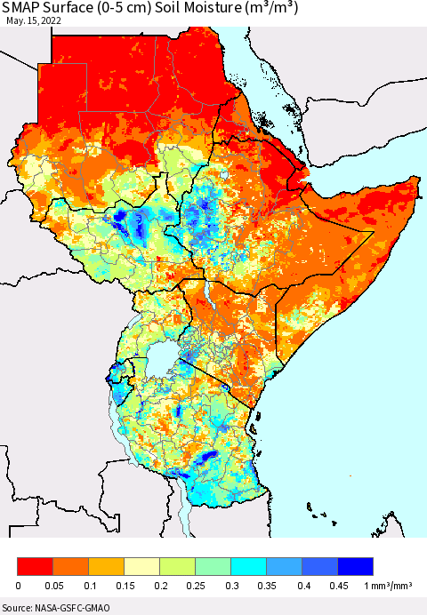 Eastern Africa SMAP Surface (0-5 cm) Soil Moisture (m³/m³) Thematic Map For 5/11/2022 - 5/15/2022