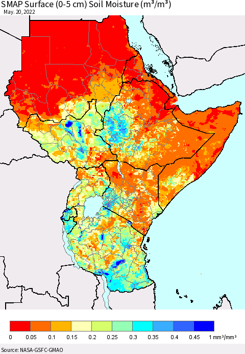 Eastern Africa SMAP Surface (0-5 cm) Soil Moisture (m³/m³) Thematic Map For 5/16/2022 - 5/20/2022