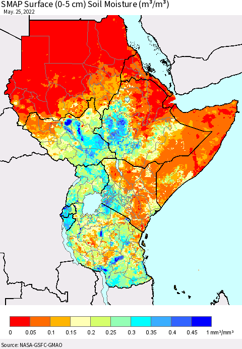 Eastern Africa SMAP Surface (0-5 cm) Soil Moisture (m³/m³) Thematic Map For 5/21/2022 - 5/25/2022