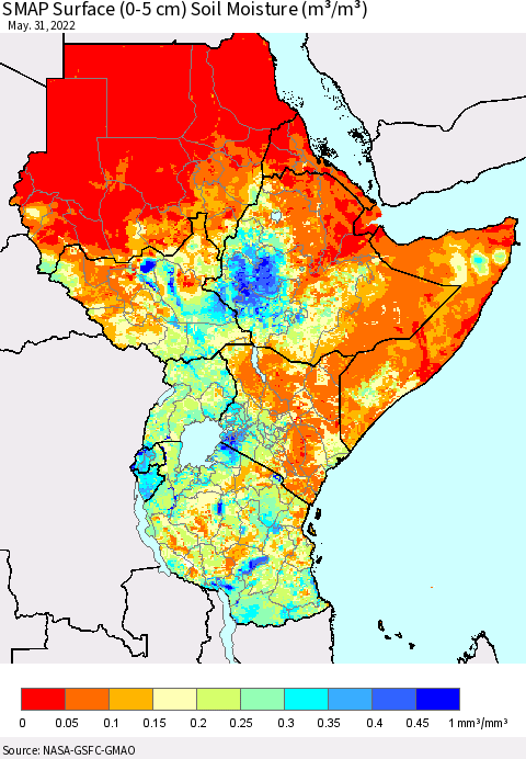 Eastern Africa SMAP Surface (0-5 cm) Soil Moisture (m³/m³) Thematic Map For 5/26/2022 - 5/31/2022