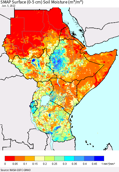 Eastern Africa SMAP Surface (0-5 cm) Soil Moisture (m³/m³) Thematic Map For 6/1/2022 - 6/5/2022