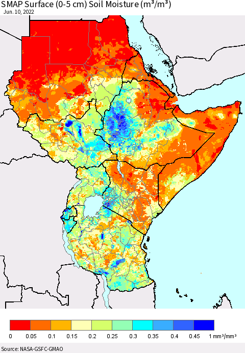 Eastern Africa SMAP Surface (0-5 cm) Soil Moisture (m³/m³) Thematic Map For 6/6/2022 - 6/10/2022