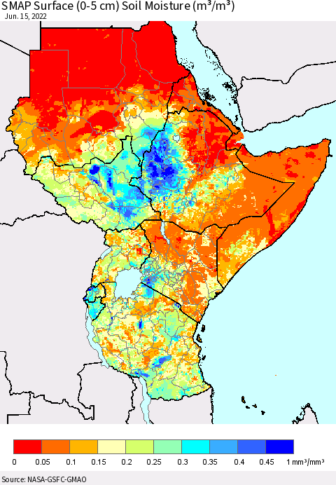 Eastern Africa SMAP Surface (0-5 cm) Soil Moisture (m³/m³) Thematic Map For 6/11/2022 - 6/15/2022