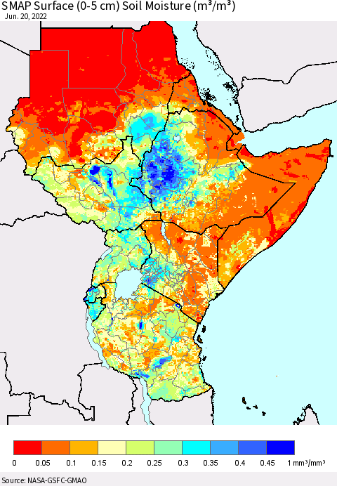 Eastern Africa SMAP Surface (0-5 cm) Soil Moisture (m³/m³) Thematic Map For 6/16/2022 - 6/20/2022