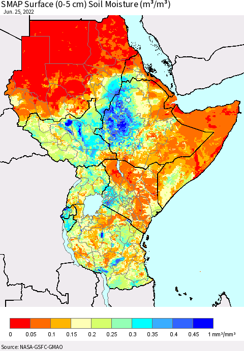 Eastern Africa SMAP Surface (0-5 cm) Soil Moisture (m³/m³) Thematic Map For 6/21/2022 - 6/25/2022