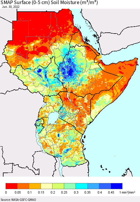 Eastern Africa SMAP Surface (0-5 cm) Soil Moisture (m³/m³) Thematic Map For 6/26/2022 - 6/30/2022