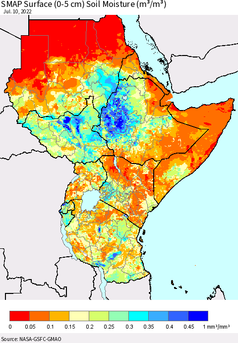 Eastern Africa SMAP Surface (0-5 cm) Soil Moisture (m³/m³) Thematic Map For 7/6/2022 - 7/10/2022
