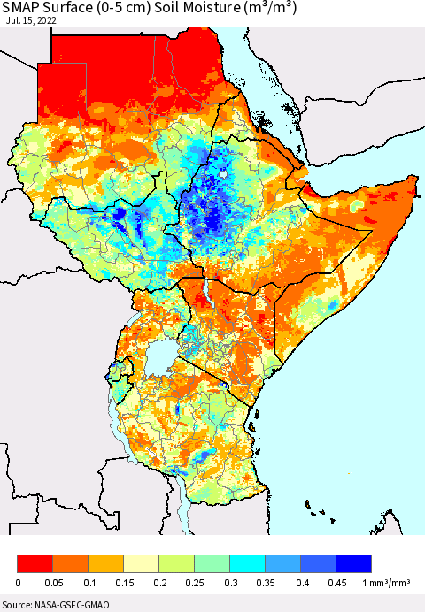 Eastern Africa SMAP Surface (0-5 cm) Soil Moisture (m³/m³) Thematic Map For 7/11/2022 - 7/15/2022