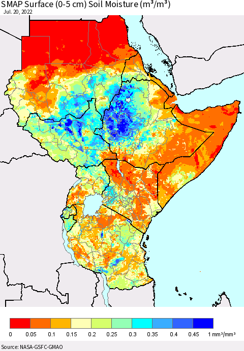 Eastern Africa SMAP Surface (0-5 cm) Soil Moisture (m³/m³) Thematic Map For 7/16/2022 - 7/20/2022
