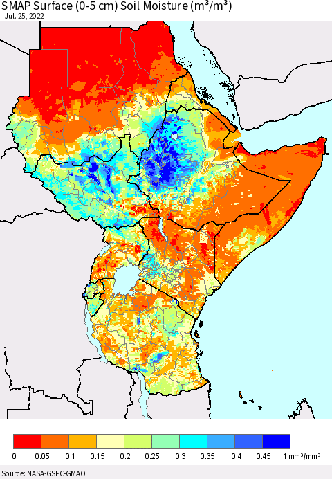 Eastern Africa SMAP Surface (0-5 cm) Soil Moisture (m³/m³) Thematic Map For 7/21/2022 - 7/25/2022