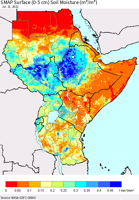Eastern Africa SMAP Surface (0-5 cm) Soil Moisture (m³/m³) Thematic Map For 7/26/2022 - 7/31/2022