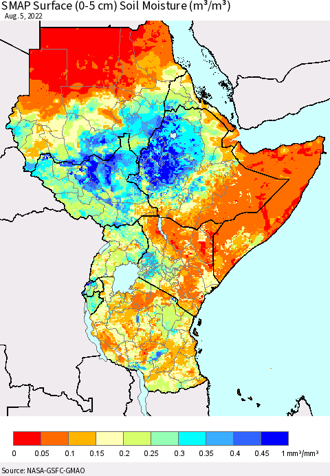 Eastern Africa SMAP Surface (0-5 cm) Soil Moisture (m³/m³) Thematic Map For 8/1/2022 - 8/5/2022