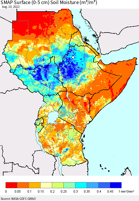 Eastern Africa SMAP Surface (0-5 cm) Soil Moisture (m³/m³) Thematic Map For 8/6/2022 - 8/10/2022