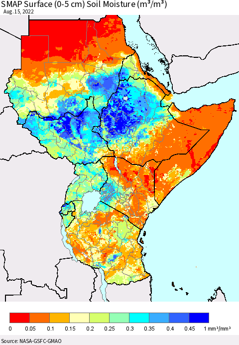 Eastern Africa SMAP Surface (0-5 cm) Soil Moisture (m³/m³) Thematic Map For 8/11/2022 - 8/15/2022