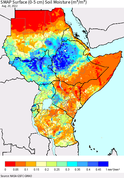 Eastern Africa SMAP Surface (0-5 cm) Soil Moisture (m³/m³) Thematic Map For 8/16/2022 - 8/20/2022