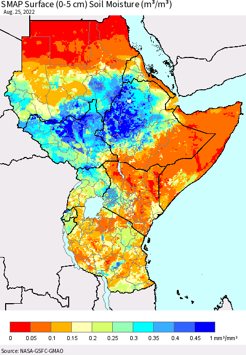 Eastern Africa SMAP Surface (0-5 cm) Soil Moisture (m³/m³) Thematic Map For 8/21/2022 - 8/25/2022