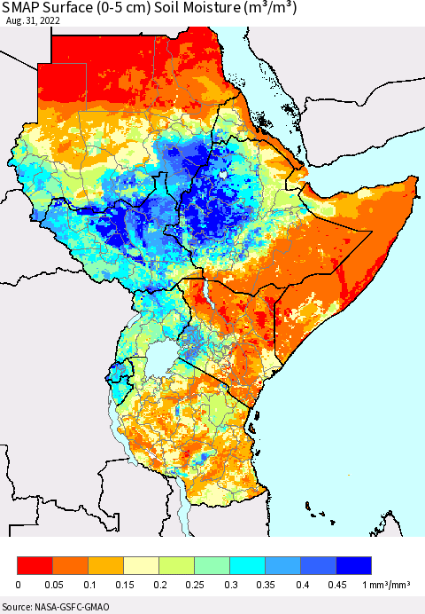 Eastern Africa SMAP Surface (0-5 cm) Soil Moisture (m³/m³) Thematic Map For 8/26/2022 - 8/31/2022