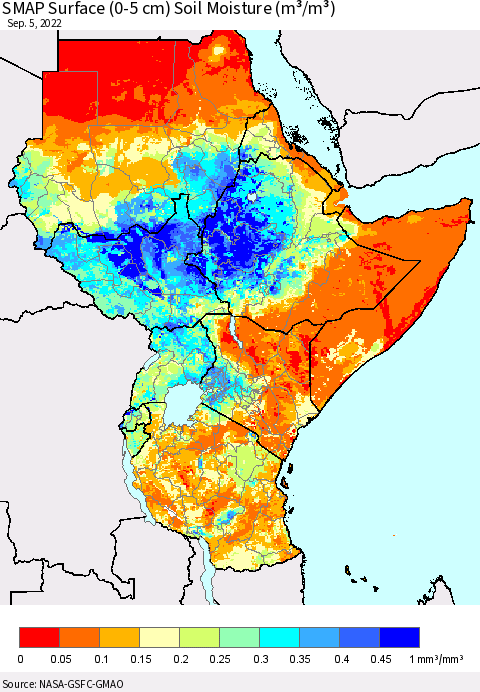 Eastern Africa SMAP Surface (0-5 cm) Soil Moisture (m³/m³) Thematic Map For 9/1/2022 - 9/5/2022