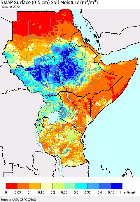 Eastern Africa SMAP Surface (0-5 cm) Soil Moisture (m³/m³) Thematic Map For 9/6/2022 - 9/10/2022