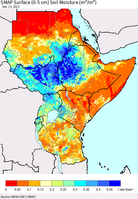 Eastern Africa SMAP Surface (0-5 cm) Soil Moisture (m³/m³) Thematic Map For 9/11/2022 - 9/15/2022
