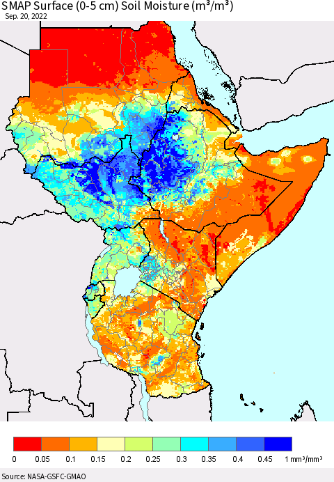 Eastern Africa SMAP Surface (0-5 cm) Soil Moisture (m³/m³) Thematic Map For 9/16/2022 - 9/20/2022
