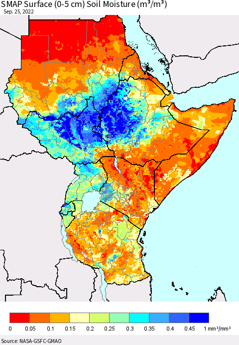 Eastern Africa SMAP Surface (0-5 cm) Soil Moisture (m³/m³) Thematic Map For 9/21/2022 - 9/25/2022