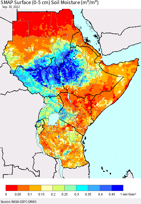 Eastern Africa SMAP Surface (0-5 cm) Soil Moisture (m³/m³) Thematic Map For 9/26/2022 - 9/30/2022