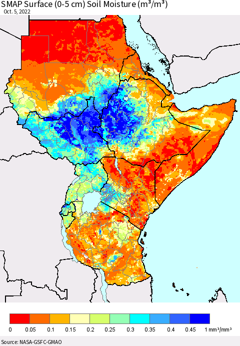 Eastern Africa SMAP Surface (0-5 cm) Soil Moisture (m³/m³) Thematic Map For 10/1/2022 - 10/5/2022