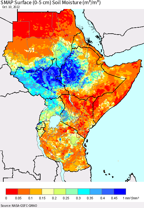 Eastern Africa SMAP Surface (0-5 cm) Soil Moisture (m³/m³) Thematic Map For 10/6/2022 - 10/10/2022