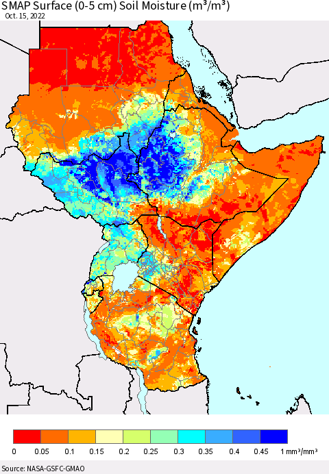 Eastern Africa SMAP Surface (0-5 cm) Soil Moisture (m³/m³) Thematic Map For 10/11/2022 - 10/15/2022