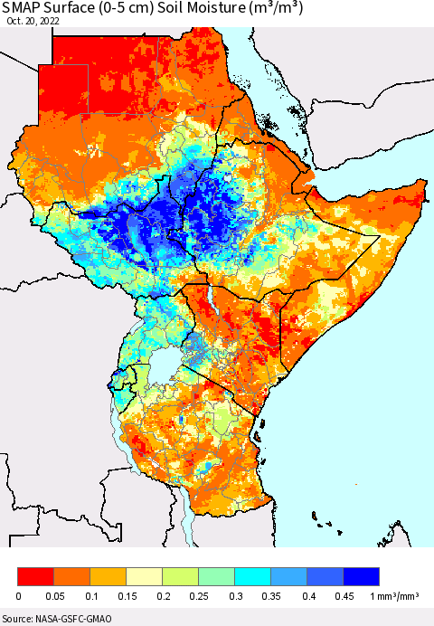 Eastern Africa SMAP Surface (0-5 cm) Soil Moisture (m³/m³) Thematic Map For 10/16/2022 - 10/20/2022