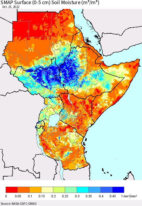 Eastern Africa SMAP Surface (0-5 cm) Soil Moisture (m³/m³) Thematic Map For 10/21/2022 - 10/25/2022