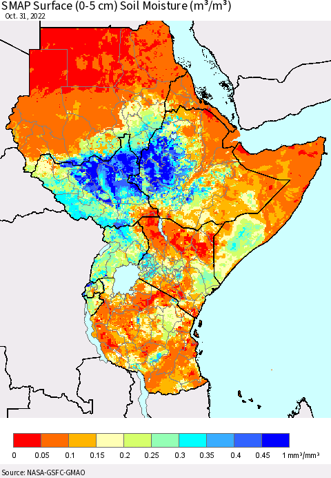 Eastern Africa SMAP Surface (0-5 cm) Soil Moisture (m³/m³) Thematic Map For 10/26/2022 - 10/31/2022