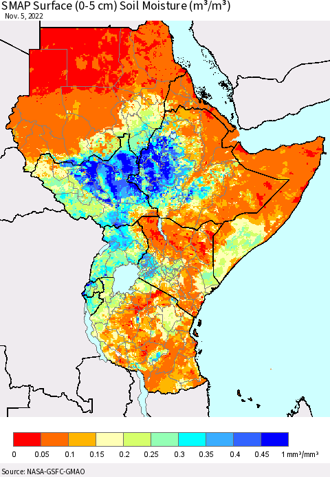 Eastern Africa SMAP Surface (0-5 cm) Soil Moisture (m³/m³) Thematic Map For 11/1/2022 - 11/5/2022