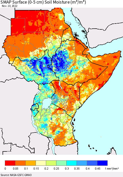 Eastern Africa SMAP Surface (0-5 cm) Soil Moisture (m³/m³) Thematic Map For 11/6/2022 - 11/10/2022