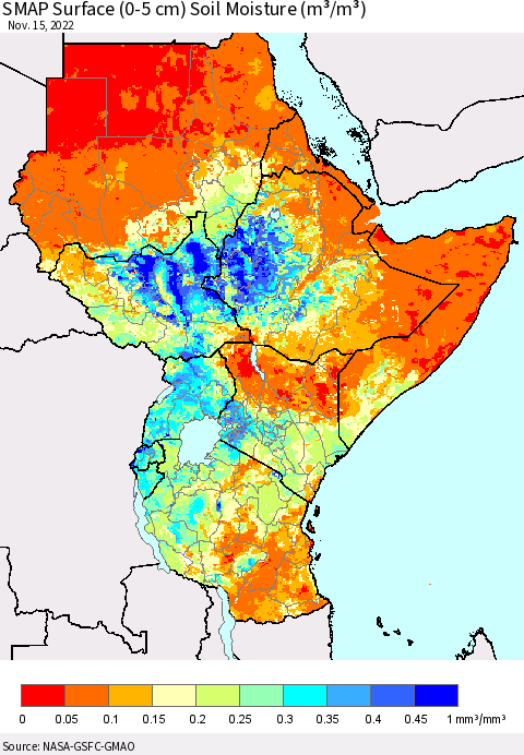Eastern Africa SMAP Surface (0-5 cm) Soil Moisture (m³/m³) Thematic Map For 11/11/2022 - 11/15/2022